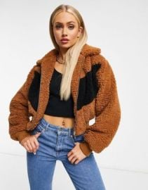 QED London cropped teddy jacket in tan at ASOS