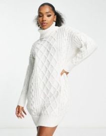 QED London turtle neck cable knit sweater dress in ivory at ASOS