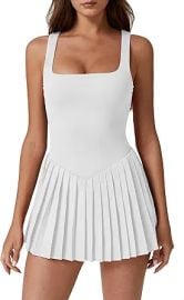QINSEN Womens Square Neck Tennis Dress Pleated Sleeveless Built in Shorts Golf Athletic Dress with Pockets at Amazon