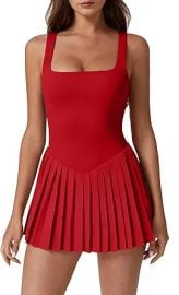 QINSEN Womens Square Neck Tennis Dress Pleated Sleeveless Built in Shorts Golf Athletic Dress with Pockets at Amazon