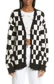 R13 Checkerboard Oversize Distressed Cotton Cardigan in Black/White Checker  at Nordstrom