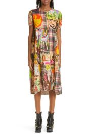 R13 Graffiti Plaid Raw Hem Crinkled Cotton Gauze Midi Dress at Nordstrom