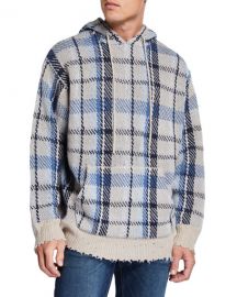 R13 Men  x27 s Plaid Hoodie Sweater w  Raw-Edge Trim at Neiman Marcus