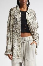 R13 Shredded Seam Drop Neck Leopard Print Button-Up Shirt at Nordstrom