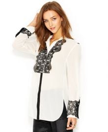 RACHEL Rachel Roy Long-Sleeve Lace-Overlay Tuxedo Blouse at Macys