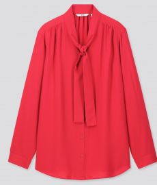 RAYON BOW TIE LONG-SLEEVE BLOUSE at Uni Qlo