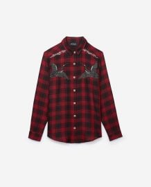 RED WOVEN CHECKED SHIRT WITH EMBROIDERED STORKS at The Kooples