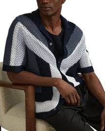 REISS Panko Short Sleeved Crochet Color Blocked Regular Fit Button Down Shirt Bloomingdales at Bloomingdales