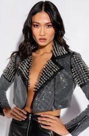 RHINESTONE BOMB CROP MOTO JACKET at Akira