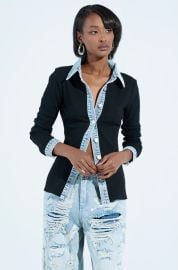 RIB KNIT DENIM TRIM BUTTON DOWN COLLARED SHIRT IN BLACK AKIRA at Akira