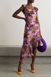 RODARTE Asymmetric floral-print chiffon-trimmed silk-satin midi dress NET-A-PORTER at Net a Porter