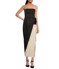 RONNY KOBO Pradova Satin Crepe Asymmetrical Color Block Rosette Strapless Sheath Midi Dress Dillardx27s at Dillards