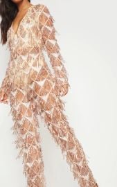 ROSE GOLD TASSEL SEQUIN PLUNGE JUMPSUIT at Pretty Little Thing