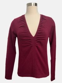 RUCHED SLIM V NECK SWEATER IN PINOT at Romi Boutique