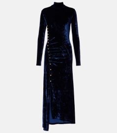Rabanne Asymmetric ruched embellished velvet turtleneck dress at Mytheresa