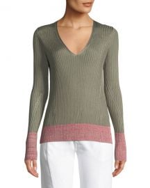 Rag  amp  Bone Alyssa V-Neck Long-Sleeve Ribbed Sweater w  Contrast at Neiman Marcus