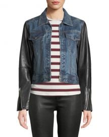 Rag  amp  Bone Nico Zip-Front Denim Jacket with Leather Sleeves at Neiman Marcus