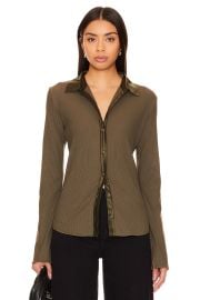 Rag Bone Ribbed Mix Media Button Down in Olive Night at Revolve