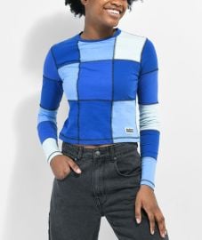 Ragged Priest Blue Square Panel Crop Long Sleeve T-Shirt at Zumiez