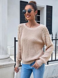 Raglan Sleeve Pearls Beaded Solid Sweater at Shein