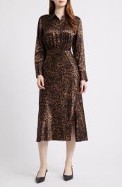 Rails Jazlyn Leopard Long Sleeve Satin Midi Shirtdress at Nordstrom