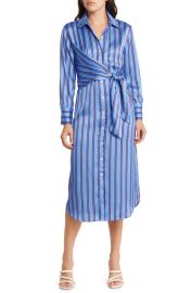 Rails Lacey Stripe Tie Front Long Sleeve Sateen Shirtdress at Nordstrom