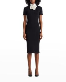 Ralph Lauren Collection Leather Floral Applique Collared Knit Midi Dress at Neiman Marcus