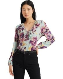 Ralph Lauren Floral Ruffle Trim Jersey Tie Neck Top at Zappos