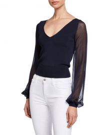 Ramy Brook Aaron V-Neck Sheer Blouson-Sleeve Top at Neiman Marcus