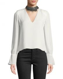 Ramy Brook Annete Embellished Silk Bell-Sleeve Top at Neiman Marcus