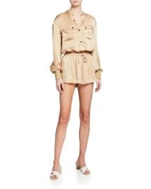 Ramy Brook Dale Puff-Sleeve Satin Romper at Neiman Marcus