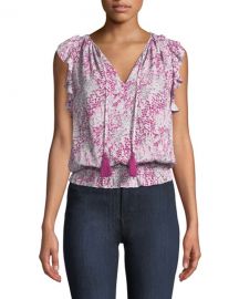 Ramy Brook Donnie Printed Ruffle Blouson Top at Neiman Marcus