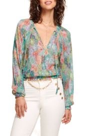 Ramy Brook Hawkins Floral Metallic Split Neck Blouse at Nordstrom