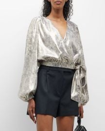 Ramy Brook Lumen Metallic Balloon-Sleeve Wrap Blouse at Neiman Marcus