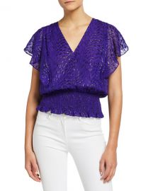 Ramy Brook Lynette Metallic Flutter-Sleeve Smocked-Hem Top at Neiman Marcus