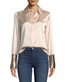 Ramy Brook Talia Silk Button-Down Top with Metallic Cuffs at Neiman Marcus