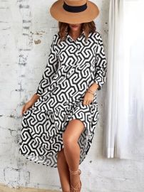 Random Allover Geo Print Ruffle Hem Smock Dress   USA at Shein