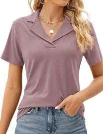 Rapbin Women's Polo Shirts Lapel Collar V Neck Short Sleeve Blouse Dressy Casual Tunic Tops at Amazon