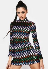 Rare London Sequin Checkered Mock Neck Long Sleeve Mini Dress   at Dolls Kill