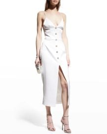 Rasario Crystal Button Open-Back Satin Midi Dress at Neiman Marcus