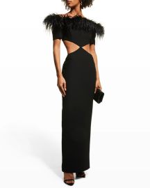 Rasario Cutout Feather Off The Shoulder Gown at Neiman Marcus