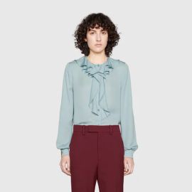 Re-edition silk shirt with bee in light blue   US at Gucci