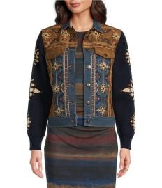 Reba Faux Suede Chest Embroidered Knit Long Sleeve Denim Jacket at Dillards