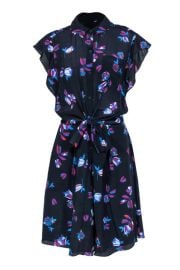 Rebecca Taylor - Navy Silk Button-Up Dress w Floral Print amp Waist Tie Current Boutique at Current Boutique