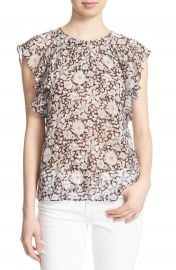 Rebecca Taylor Floral Print Ruffle Sleeve Silk Top at Nordstrom