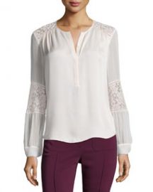 Rebecca Taylor Long-Sleeve Silk and Lace Blouse Malt Ball at Neiman Marcus