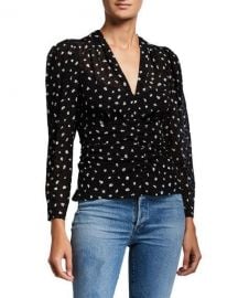 Rebecca Taylor Long-Sleeve Spotted V-Neck Top at Neiman Marcus