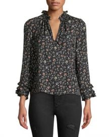 Rebecca Taylor Long-Sleeve Vine-Print Silk Ruffle Top at Neiman Marcus