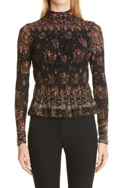 Rebecca Taylor Mesh Shell Long Sleeve Top in Gossamer Fleur Black Combo  at Nordstrom