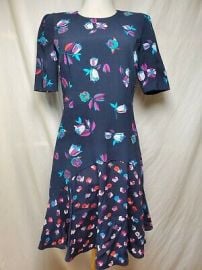 Rebecca Taylor Mixed Floral Print Shift Dress 4 Navy Blue Flounce Hem 34 Sleeve eBay at eBay